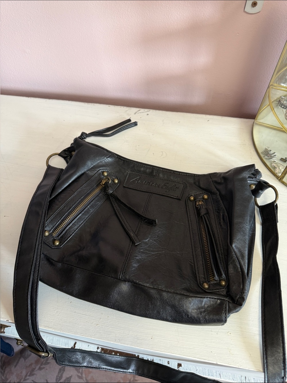 American Eagle Outfitters 2000s Black Crossbody Bag with Zipper Accents